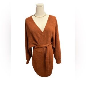 Revamped Size L Dark Brown Cross Body Long Sleeve Wrap Dress with Tie